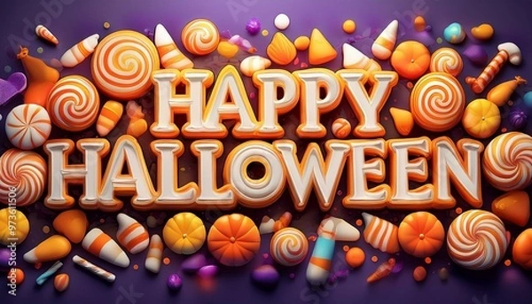 Fototapeta Candy Corn Color Palette: "Happy Halloween" in a bold, chunky font with a color gradient resembling candy corn yellow, orange, white. wallpaper halloween, design halloween. poster. 