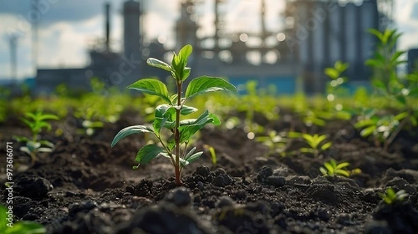 Fototapeta Phytoremediation plants cleaning contaminated soil, featuring various plant species actively absorbing toxins from the soil in an industrial area. 