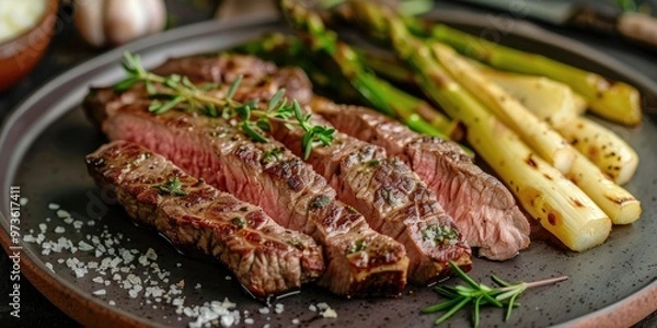 Fototapeta Sliced grilled meat served with steamed white asparagus on a dish