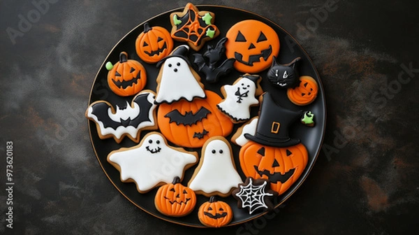 Fototapeta Colorful Halloween cookies with text space