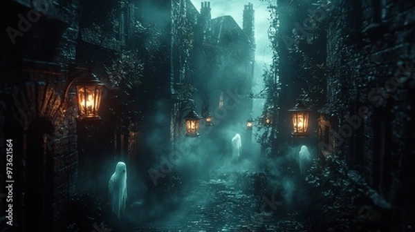 Fototapeta Spooky Foggy Alley with Ghosts and Lanterns
