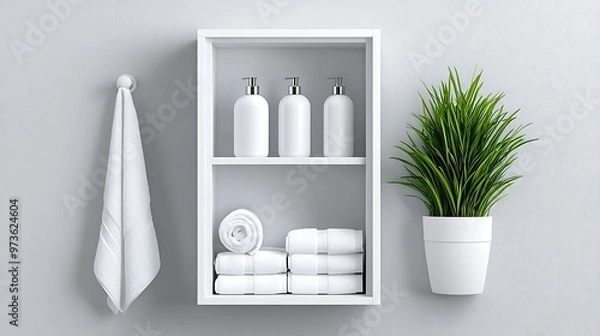 Obraz A white bathroom shelf neatly holds towels, soap bottles, and a plant, combining simplicity with elegance.