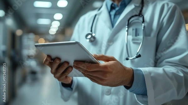 Fototapeta Medical professional reviewing patient data on a tablet, modern hospital environment, closeup shot