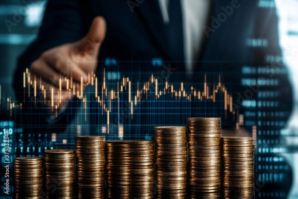 Fototapeta Businessman giving thumbs up behind stacks of coins with financial stock market graph, concept of investment and economic growth.