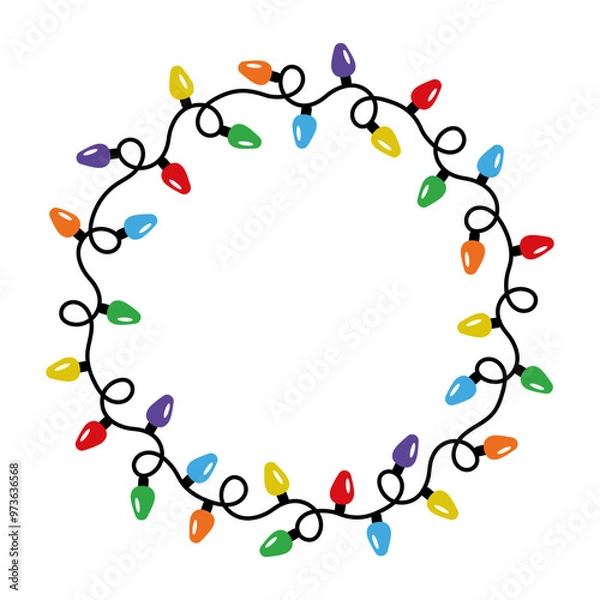 Fototapeta Circle simple decorative Christmas lights in flat style. Round shape frame. Vector design of lightbulb garland. Decorative element for xmas cards, invitations, banners, posters