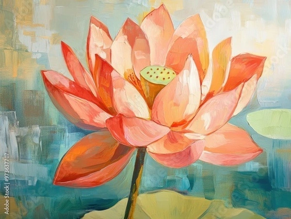 Obraz Oil painting depicting a vibrant lotus flower