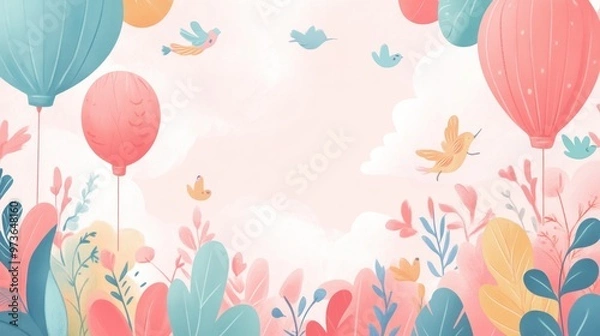 Fototapeta Colorful balloons and birds in a floral background.