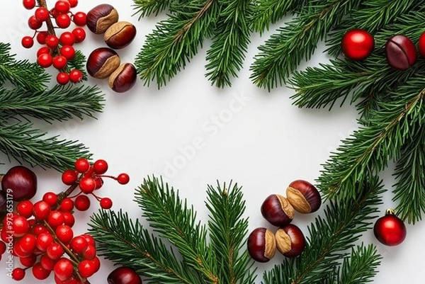 Fototapeta Christmas Decor Ideas with Evergreen Arrangements Chestnuts and Festive Red Berries on White Background