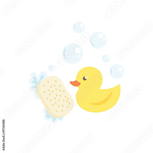 Obraz Yellow bath duck with sponge and bubbles.