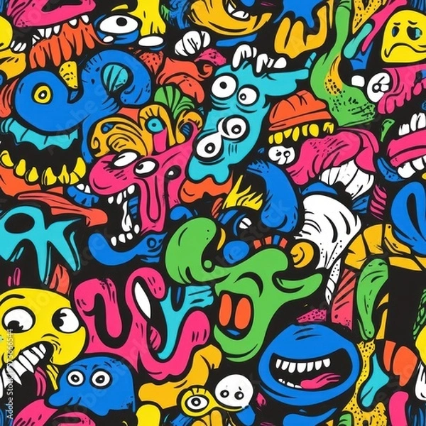 Fototapeta Colorful cartoon seamless pattern with various funny monsters.