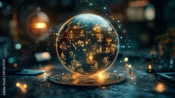 Fototapeta World Philosophy Day A glowing globe surrounded by holographic philosophical symbols and questions, soft ambient lighting, serene and intellectual atmosphere, 3D render