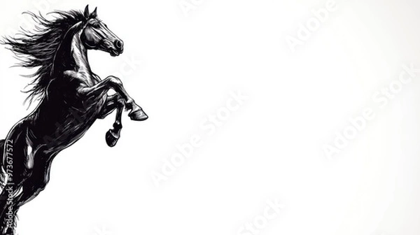 Fototapeta A black horse rears up on its hind legs with its mane flowing in the wind against a white background.