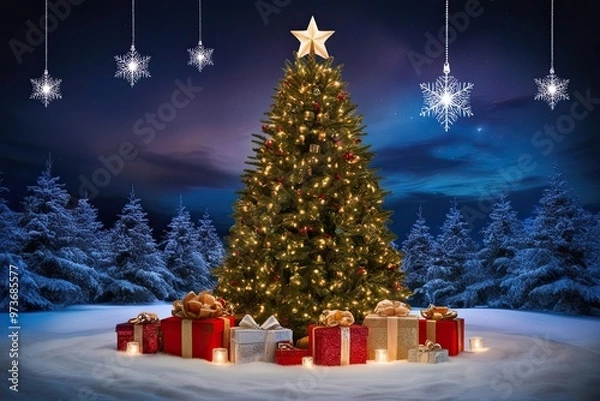 Obraz Magical Winter Night Sky with Glowing Christmas Tree and Sparkling Presents
