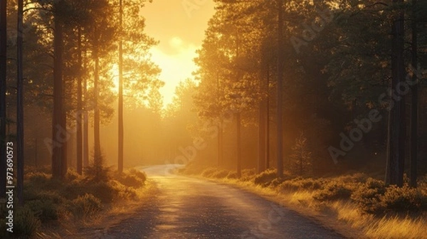 Fototapeta A road in a forest with the sun shining through the trees
