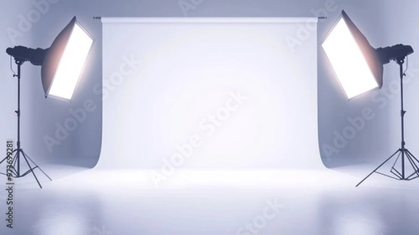 Fototapeta Professional studio set with two lights and white backdrop.