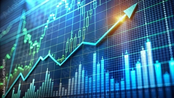 Fototapeta A close-up of a financial chart displaying a strong upward trend, with a rising curve and ascending bars,