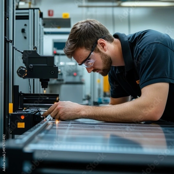 Obraz Technician checking product alignment with a laser level on a manufacturing floor, precision alignment, accuracy in production