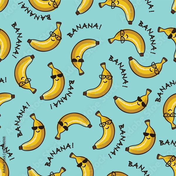 Obraz Seamless pattern of cool bananas with glasses on blue background and words "BANANA!". Graphic texture for package, wallpaper,  wrapping paper, label, fabric, print, advertising.