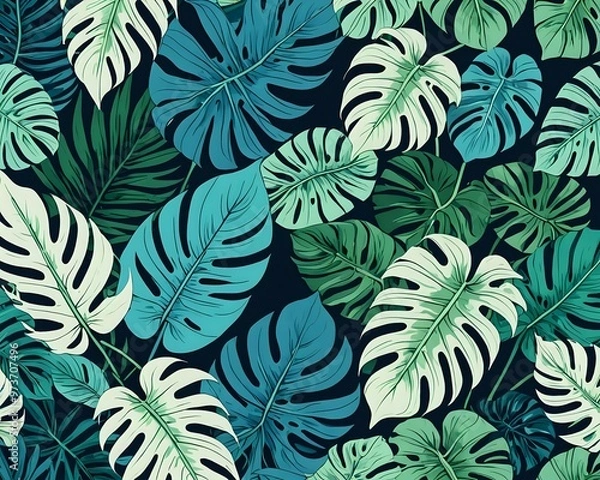 Fototapeta Abstract luxury light art background with blue or green tropical leaves in line style. Botanical banner with exotic plants for decoration, print, wallpaper, textile, interior