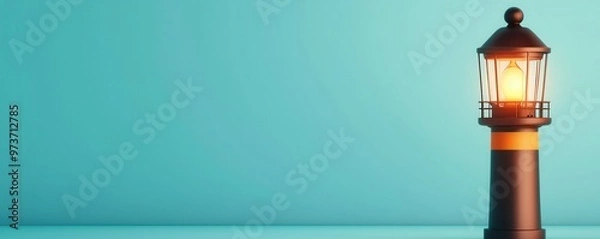 Fototapeta A glowing lantern stands against a calm blue background, evoking feelings of warmth and guidance in a serene atmosphere.