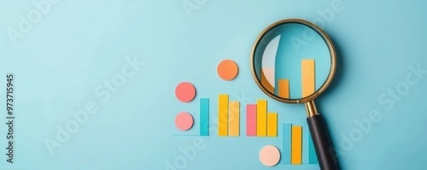 Obraz Colorful graphs and magnifying glass on a blue background, symbolizing analysis and data investigation.
