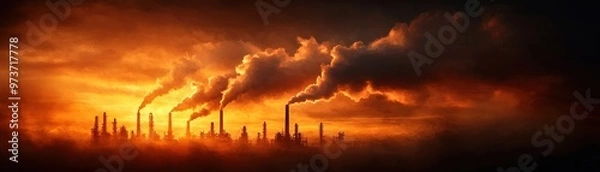 Fototapeta Majestic sunset illuminates industrial smokestacks, creating a dramatic contrast between nature and man-made structures.