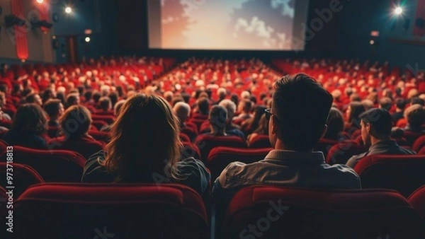 Fototapeta Moviegoers Engaged in Cinematic Experience, A large audience attentively watches a movie projected onto a big screen in a theater. Rows of red seats create a classic cinematic setting.