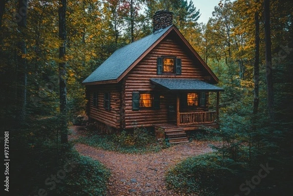 Fototapeta A Cozy Cabin Nestled Amidst a Tranquil Forest