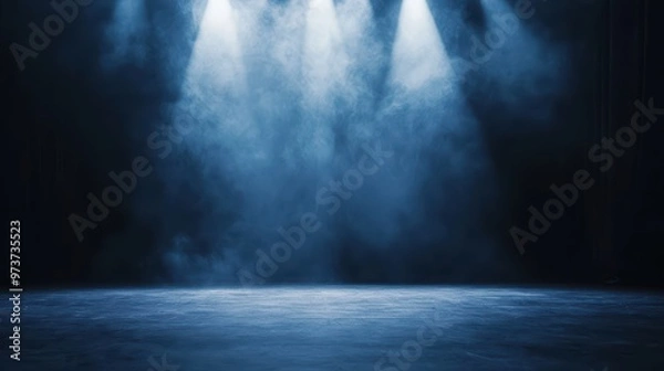 Fototapeta Dramatic Empty Stage with Blue Smoke and Spotlights in a Dark Theater Setting