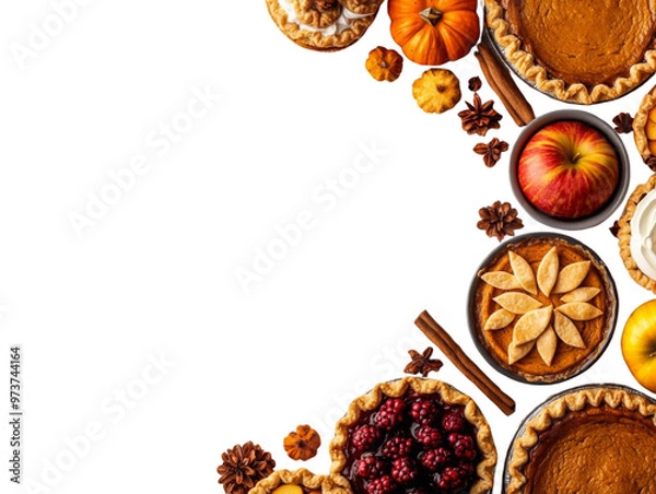 Fototapeta A festive arrangement of autumn desserts featuring pumpkin pie, apple pie, and various seasonal fruits and spices.