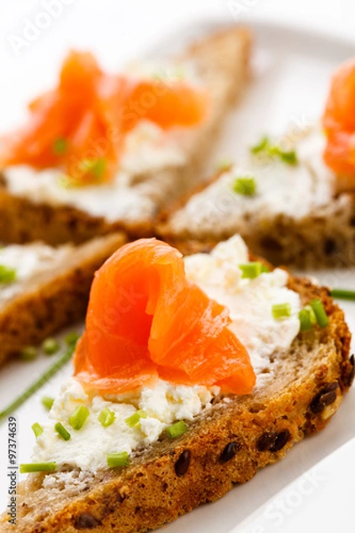 Obraz Bread with smoked salmon and cream cheese