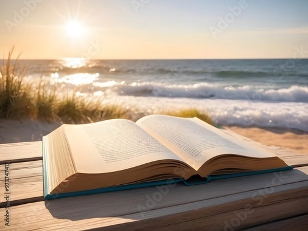 Fototapeta An open book rests on a wooden table overlooking the ocean waves at sunset on a serene sandy beach. Generative AI