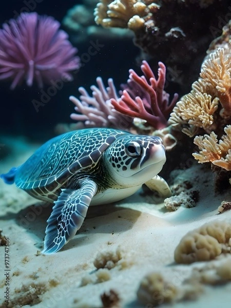 Fototapeta sea turtle swimming among vibrant coral reefs in a clear ocean during daylight hours. Generative AI