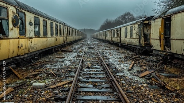 Fototapeta Abandoned Train Tracks with Rusted Carriages and Broken Windows