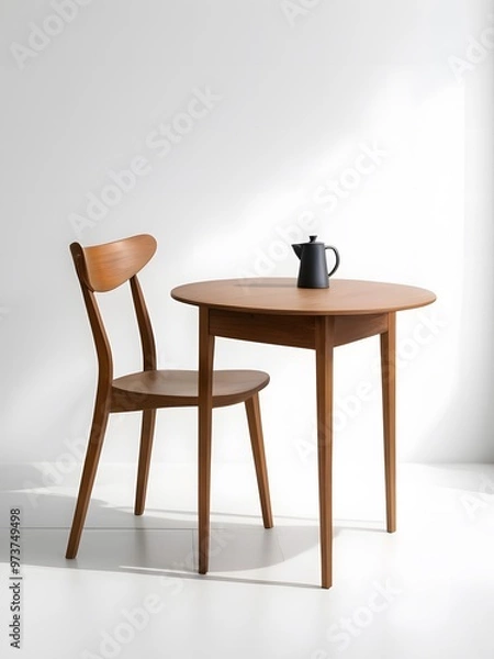 Fototapeta Modern wooden table with a simple chair against a minimalist white wall in a well-lit room during daylight. Generative AI