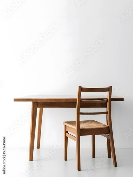Fototapeta Modern wooden table with a simple chair against a minimalist white wall in a well-lit room during daylight. Generative AI