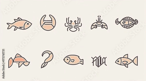 Fototapeta 119. An assortment of line icons depicting different seafood items, such as fish, shrimp, crab, and octopus, all designed with a focus on clean lines and simplicity