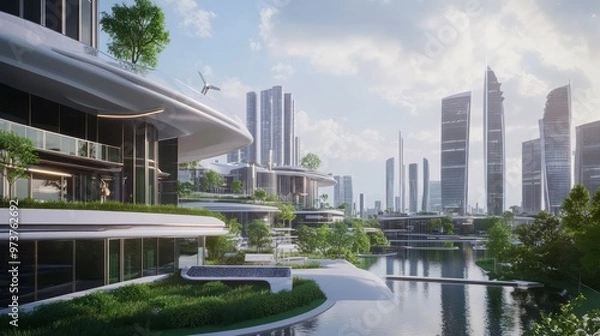 Obraz Futuristic Cityscape with Green Spaces and Modern Architecture