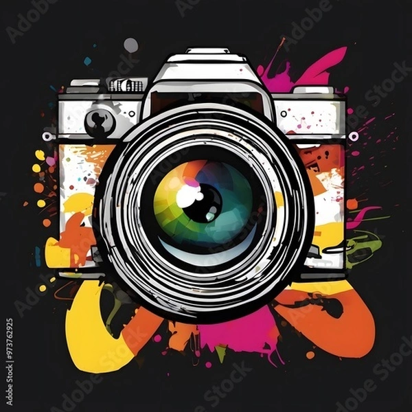 Fototapeta Creative illustration of a camera surrounded by colorful paint splashes in a vibrant artistic design