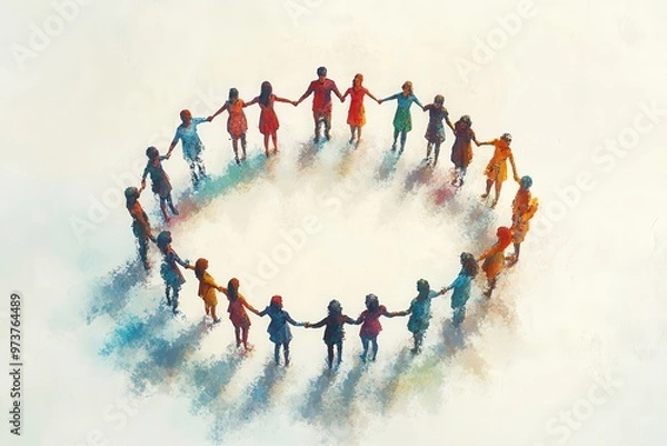 Fototapeta A colorful illustration of people holding hands in a circle, symbolizing unity, togetherness, and community on a light background.