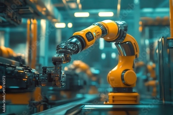 Fototapeta Advanced robotic arm in a modern factory setting, showcasing automation and industrial technology.