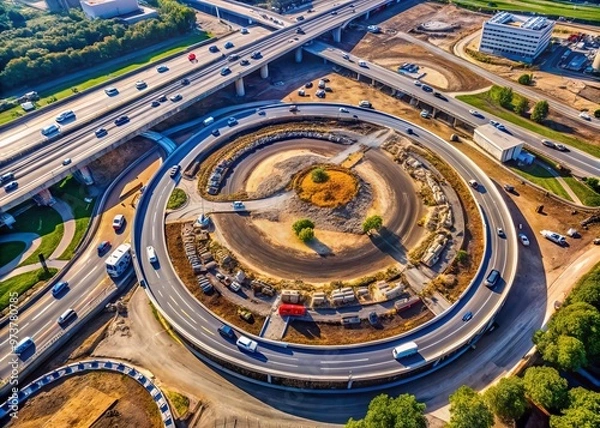 Fototapeta Aerial view of a large roundabout under construction, with excavators and trucks navigating the curves, surrounded by a