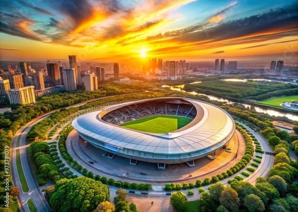 Fototapeta Aerial view of a large, modern, concrete-and-glass stadium with a distinctive curved roof, surrounded by lush greenery