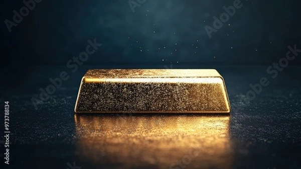 Fototapeta A gold bar with a deep, reflective mirror finish on a black background