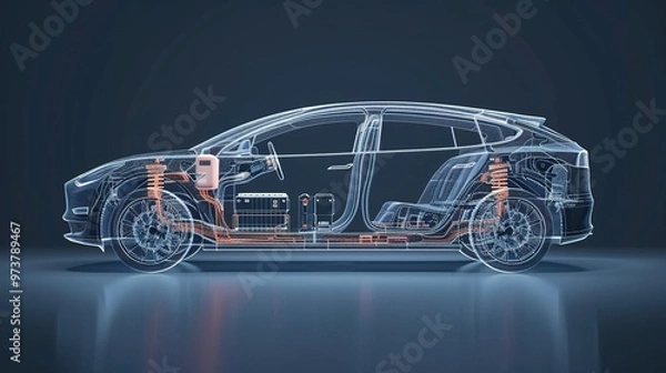 Fototapeta Revealing the Vehicle Battery: Line Art 3D Illustration of a Modern Electric Car Chassis X-Ray in a Studio Setting
