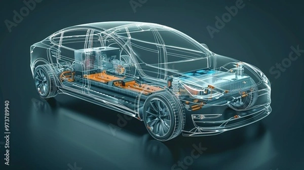 Fototapeta Modern Electric Car Chassis X-Ray: Line Art 3D Illustration in a Studio Environment, Highlighting the Vehicle Battery