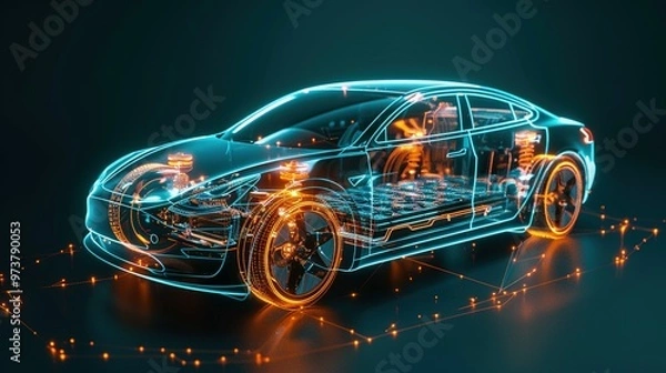 Fototapeta Modern Electric Car Chassis X-Ray: Line Art 3D Illustration in a Studio Environment, Highlighting the Vehicle Battery
