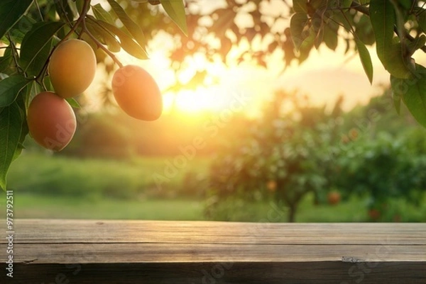 Fototapeta Photo Ripe Mango tropical fruit hanging on tree with wooden table and sunset at organic farm