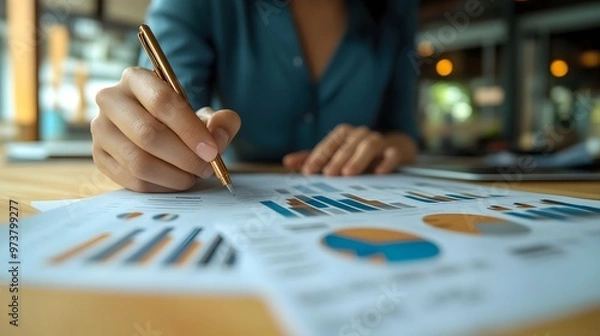 Fototapeta Close-up of a Person's Hand Holding a Pen Over a Business Report with Graphs and Charts