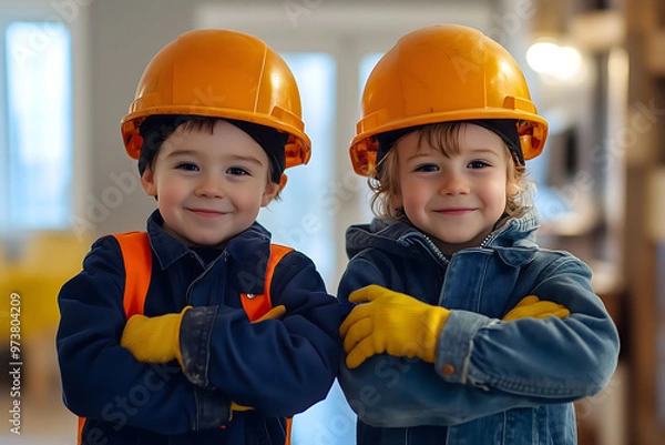 Fototapeta Children dress up as engineers Wearing a hat and gloves, standing with arms crossed.